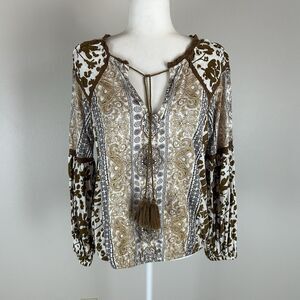 Peasant Top Blouse Tassel M Cow Print Patchwork Paisley Boho Eclect Western